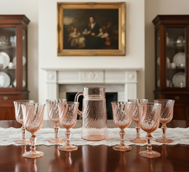 D'Arques Rosaline Pink Swirl Set of 8 Wine Glasses & Matching Pitcher