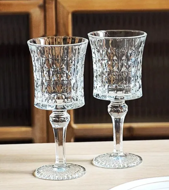 Set  of 4 Diamond Cut Glass Wine Glasses/ Water Goblets