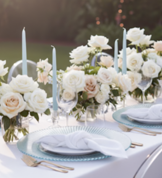 Elegant table setting with white roses, dusty blue candles, and light blue fcharger plates plates outdoors.
