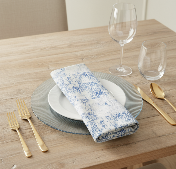 Dining table setting with dusty blue charger plates, glasses, and cutlery on a wooden surface.
