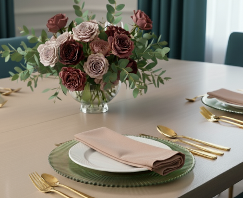 Dining table setting with floral centerpiece, olive green charger plates, and gold cutlery.