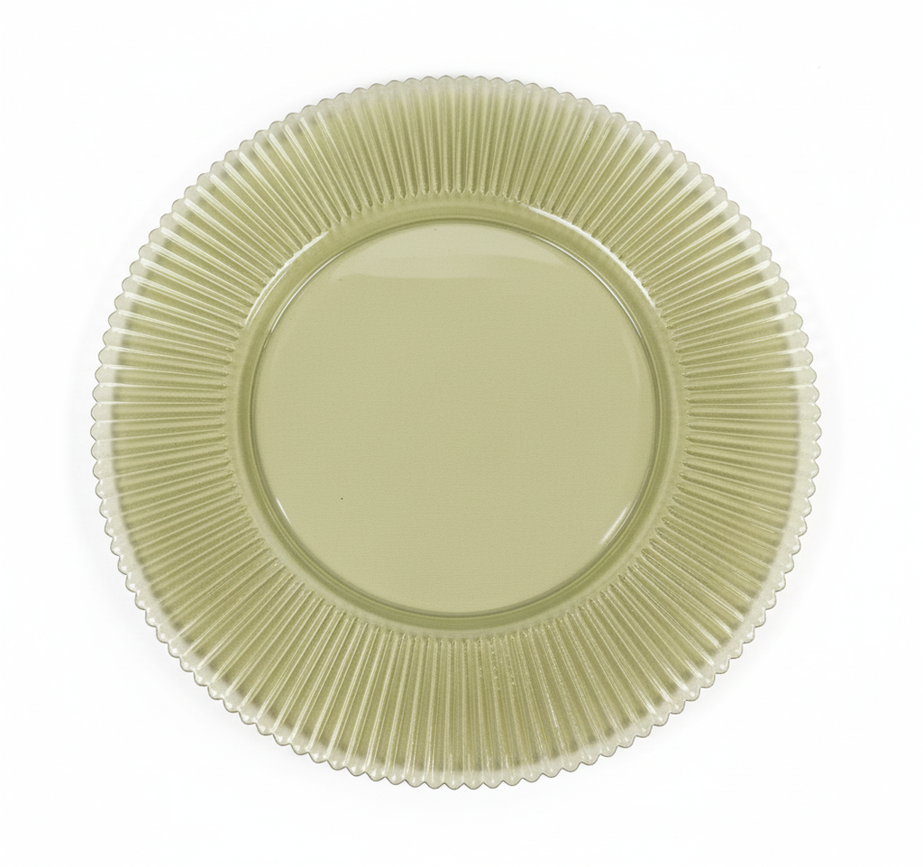 Light green charger plate with textured rim on a white background 