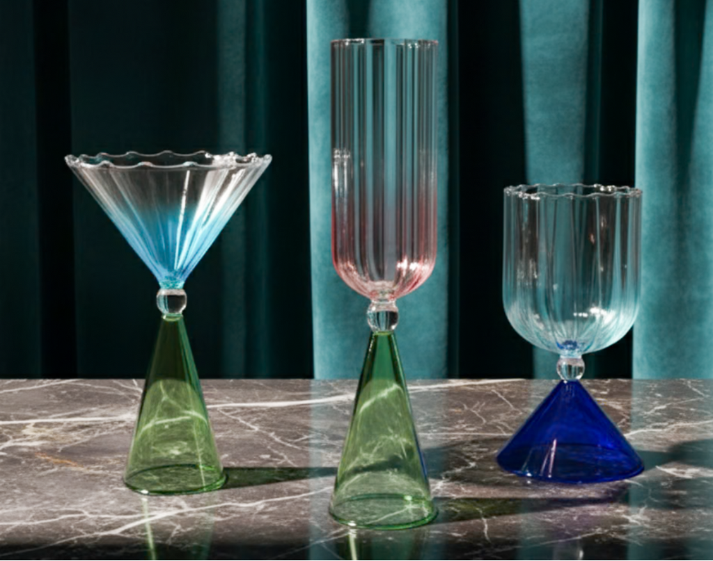 Three colorful glass goblets on a marble surface with a teal curtain background