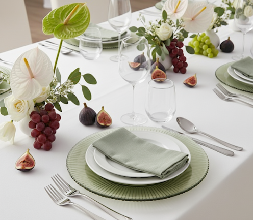 Elegant table setting with sage green charger plates, napkins, and fruit on a white tablecloth.