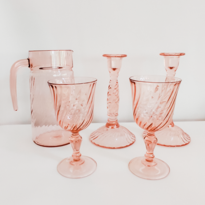 D'Arques Rosaline Pink Swirl Set of 8 Wine Glasses & Matching Pitcher