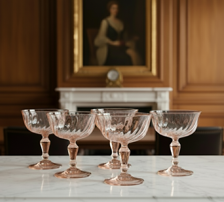Set of five vintage-style glass goblets on a marble surface with a classical painting in the background.