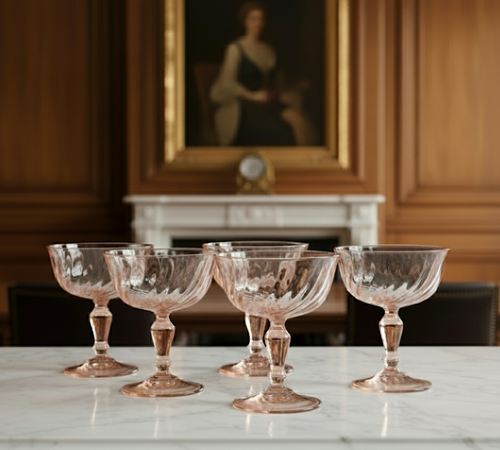 Set of five vintage-style glass goblets on a marble surface with a classical painting in the background.