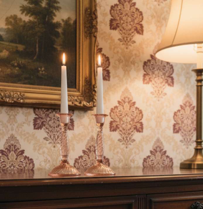 Cristal D'Arques Rosaline Pink Swirl Set of 2 Candlestick Holders