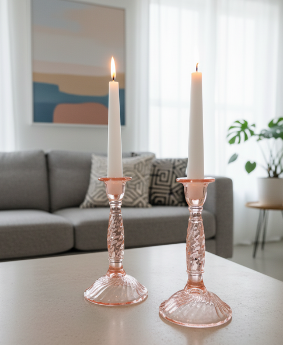 Two  vintage pink swirl candle holders with white candles on a table in a living room.