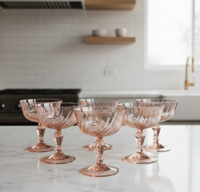 Cristal D'Arques Rosaline Pink Swirl Set of 6 Champagne Coupes