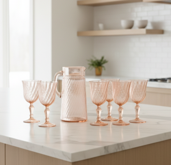 D'Arques Rosaline Pink Swirl Set of 8 Wine Glasses & Matching Pitcher